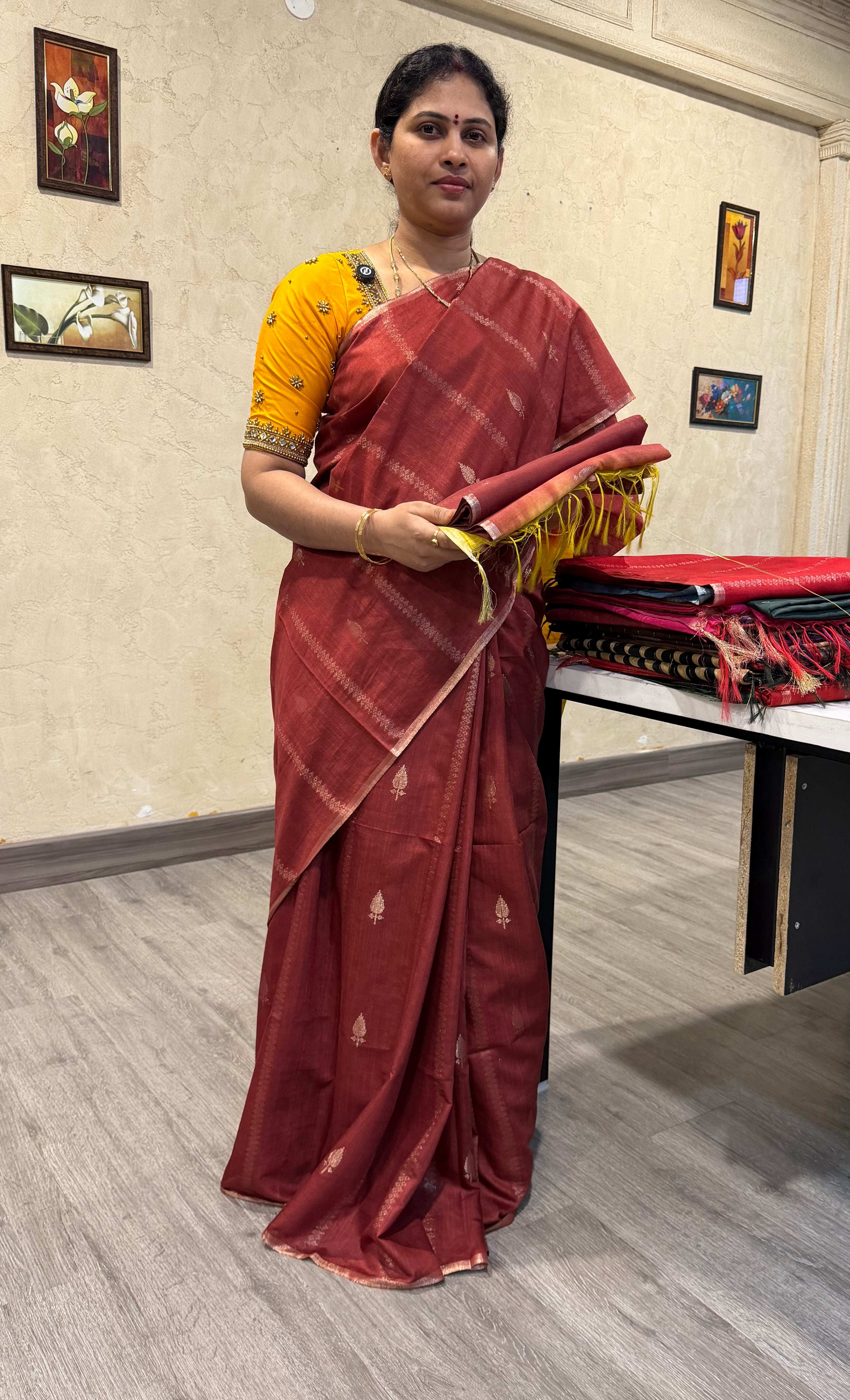 Cs2 maroon n yellow saree