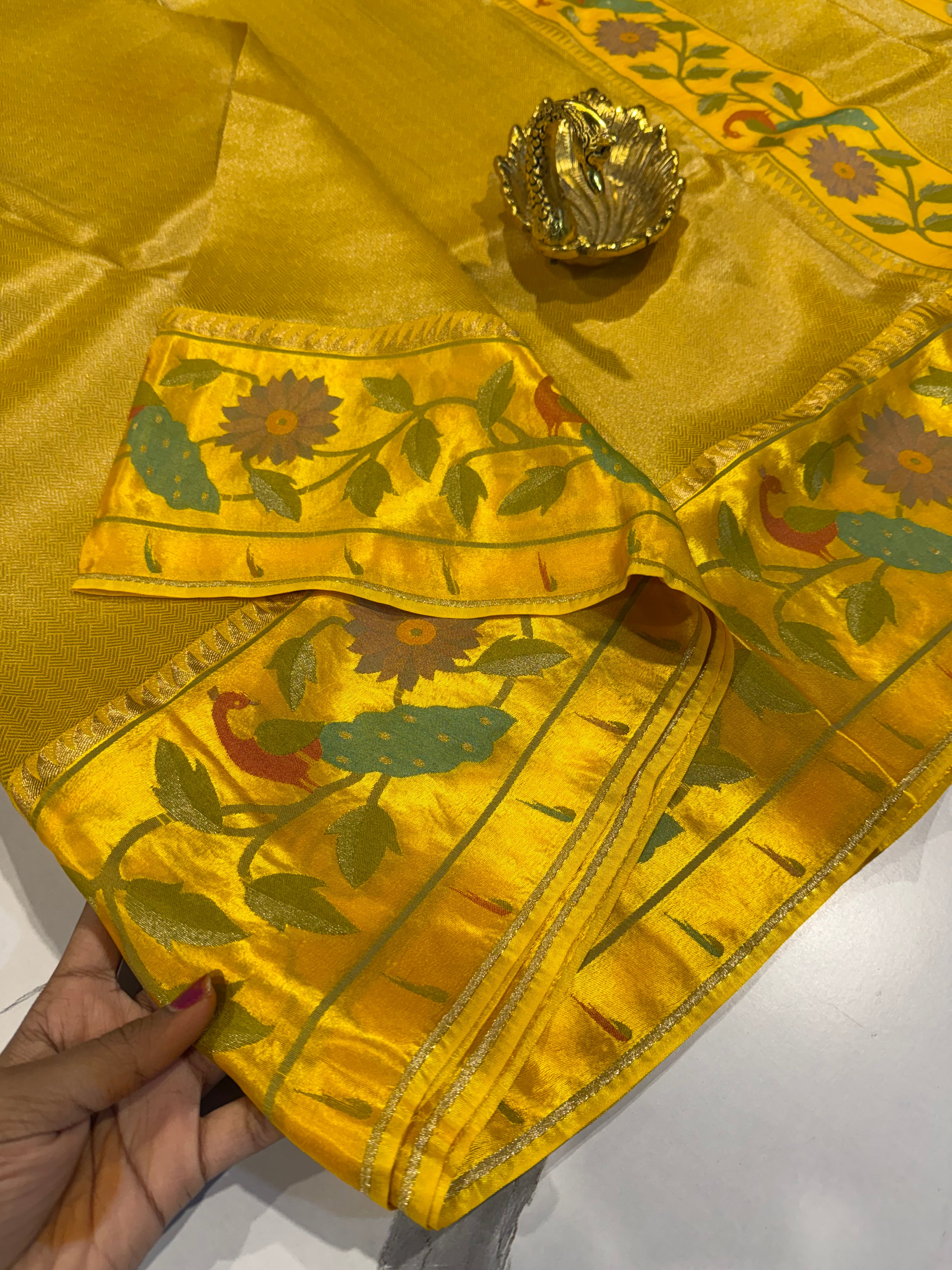 KT-53 yellow colour kanchi tissue paithani borders saree