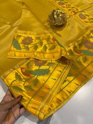 KT-53 yellow colour kanchi tissue paithani borders saree
