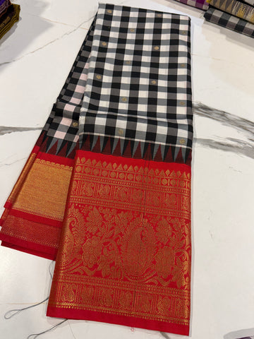 SGC-2500 Madras checks gadwal black and Red border saree