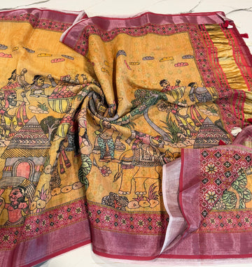 LD-L3 Linen prints lite yellow & tomato saree