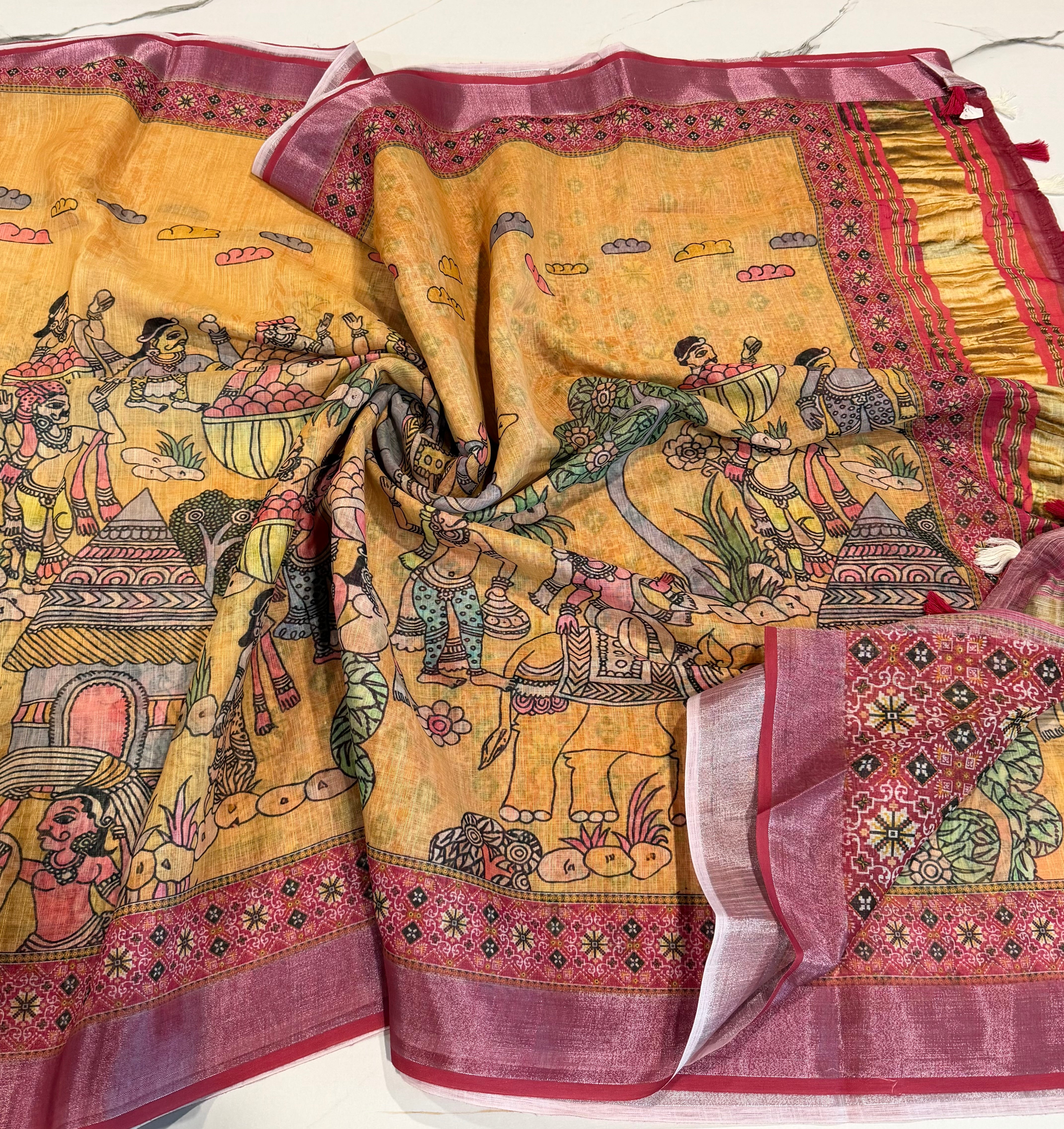 LD-L3 Linen prints lite yellow & tomato saree