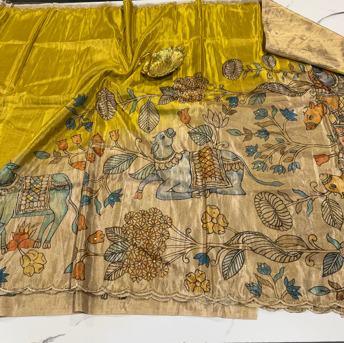 LD-T24 yellow colour fancy 1gm tissue Kalamkari maggam work style saree