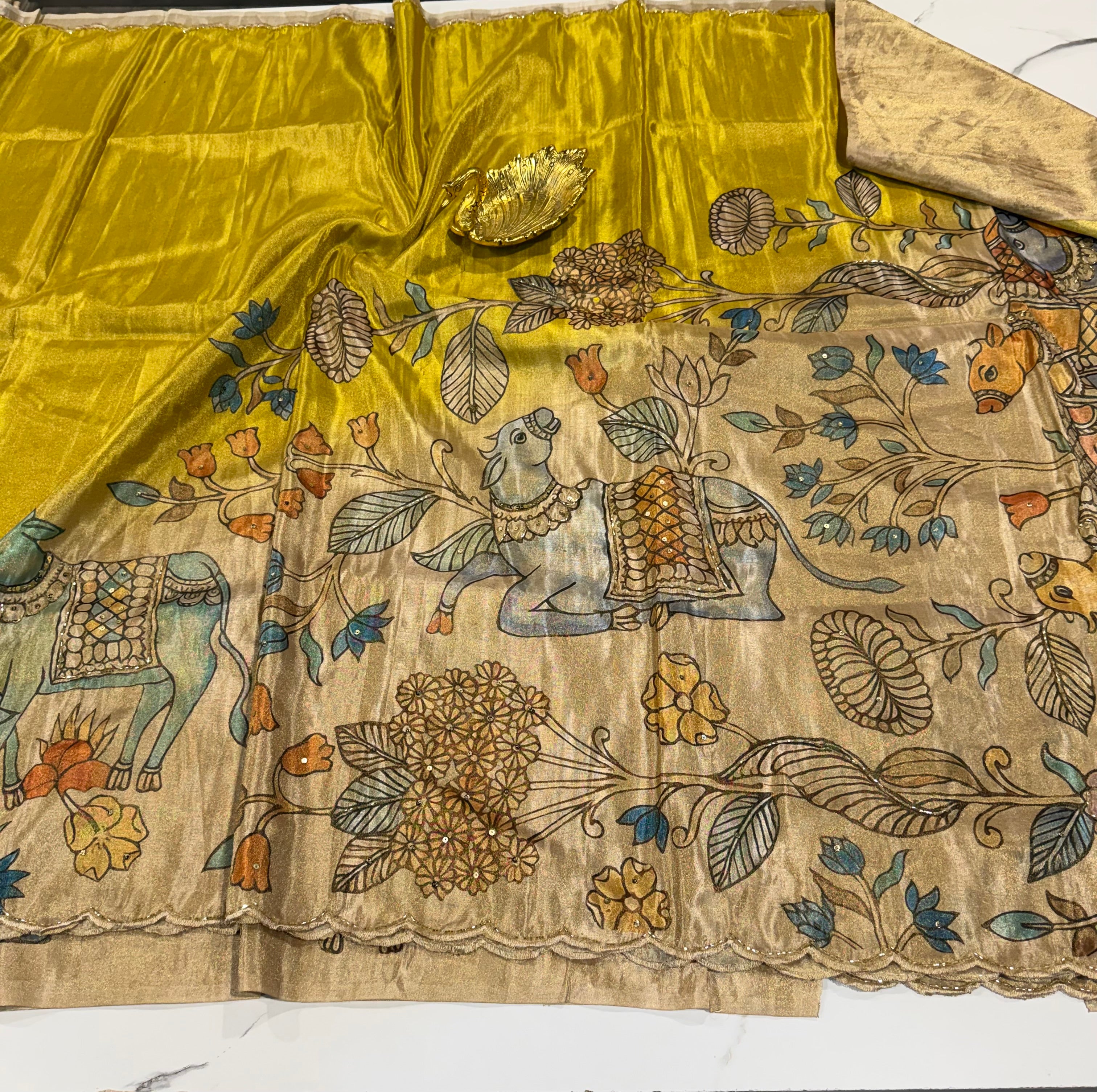 LD-T24 fancy 1gm tissue Kalamkari maggam work style saree yellow colour saree