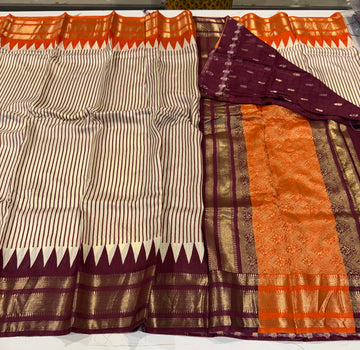 LD-M2650 cream stripes orange and meroon Ganga Jamuna saree