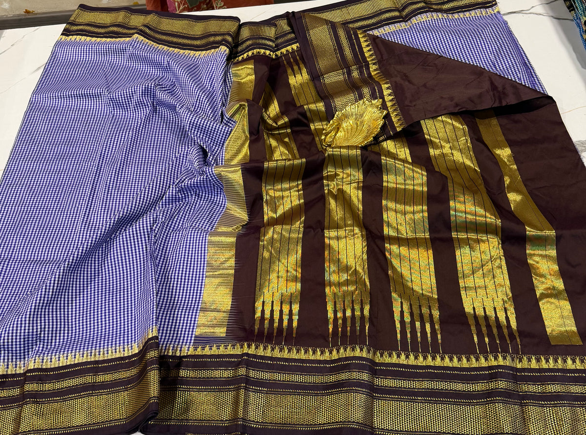 LD-N22 narayanapeta semi checks saree blue and brown border saree