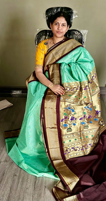 Narayanpet semi pattu saree  Ld-N9 seegreen n brown