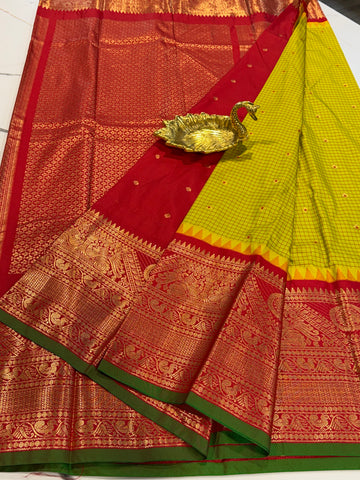 VG2 parrot green & Red semi Gadwal saree