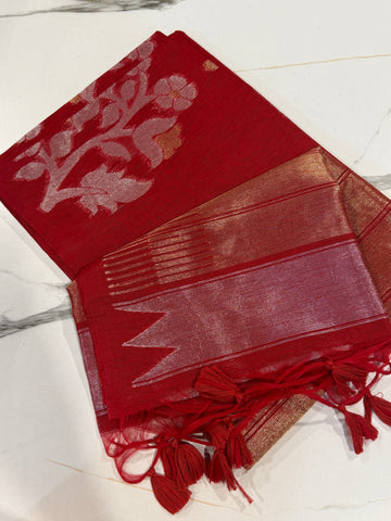 TL-1550 Red colour Linen jamdani floral saree