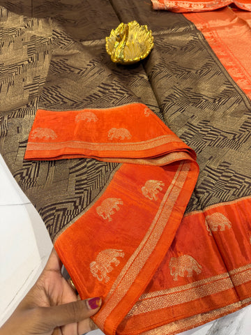 KW-2549  chocolate brown n orange border saree Kanchi green mango