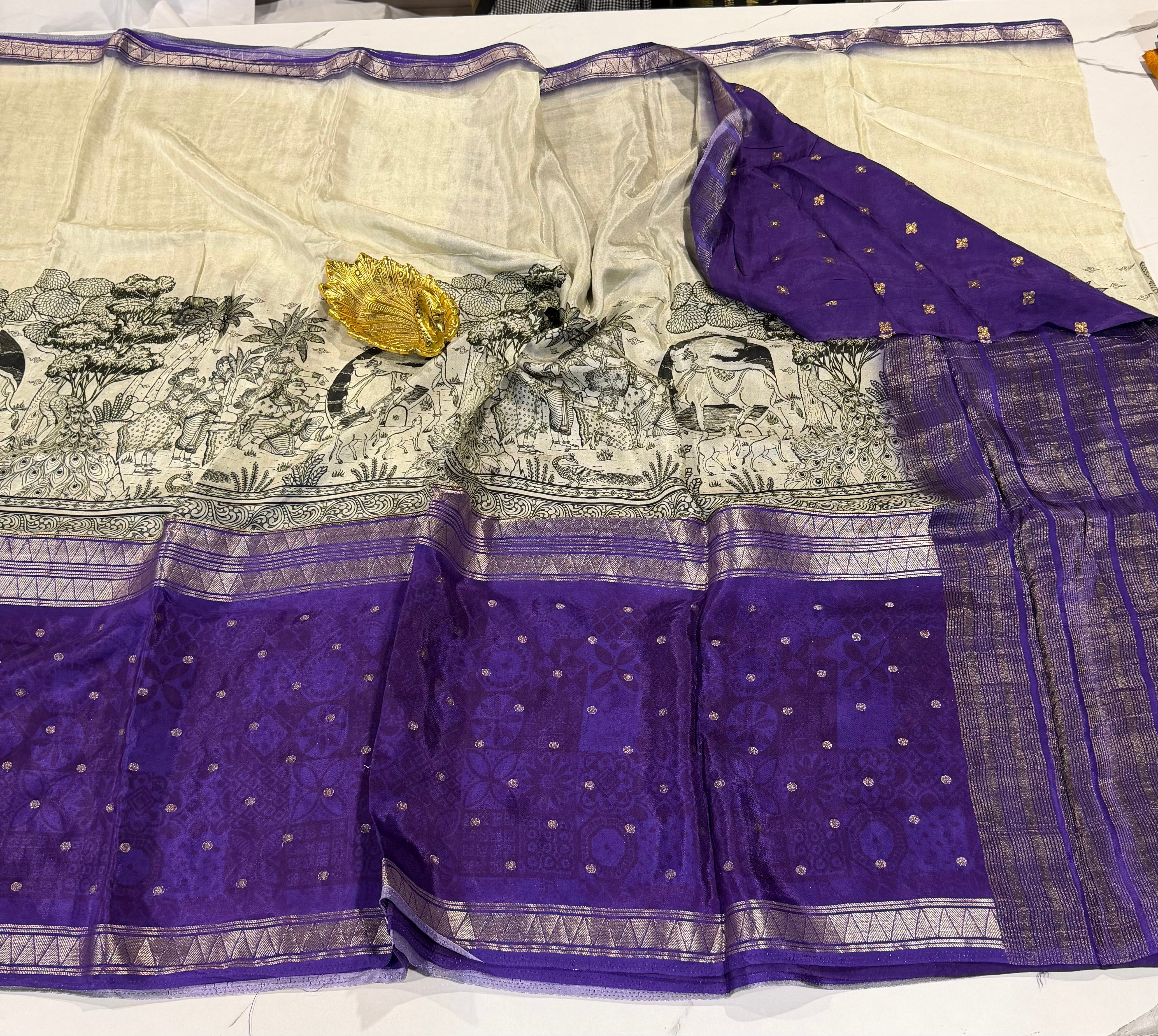 MC3299-Cream and purple- Mysore crepe semi - story telling concept
