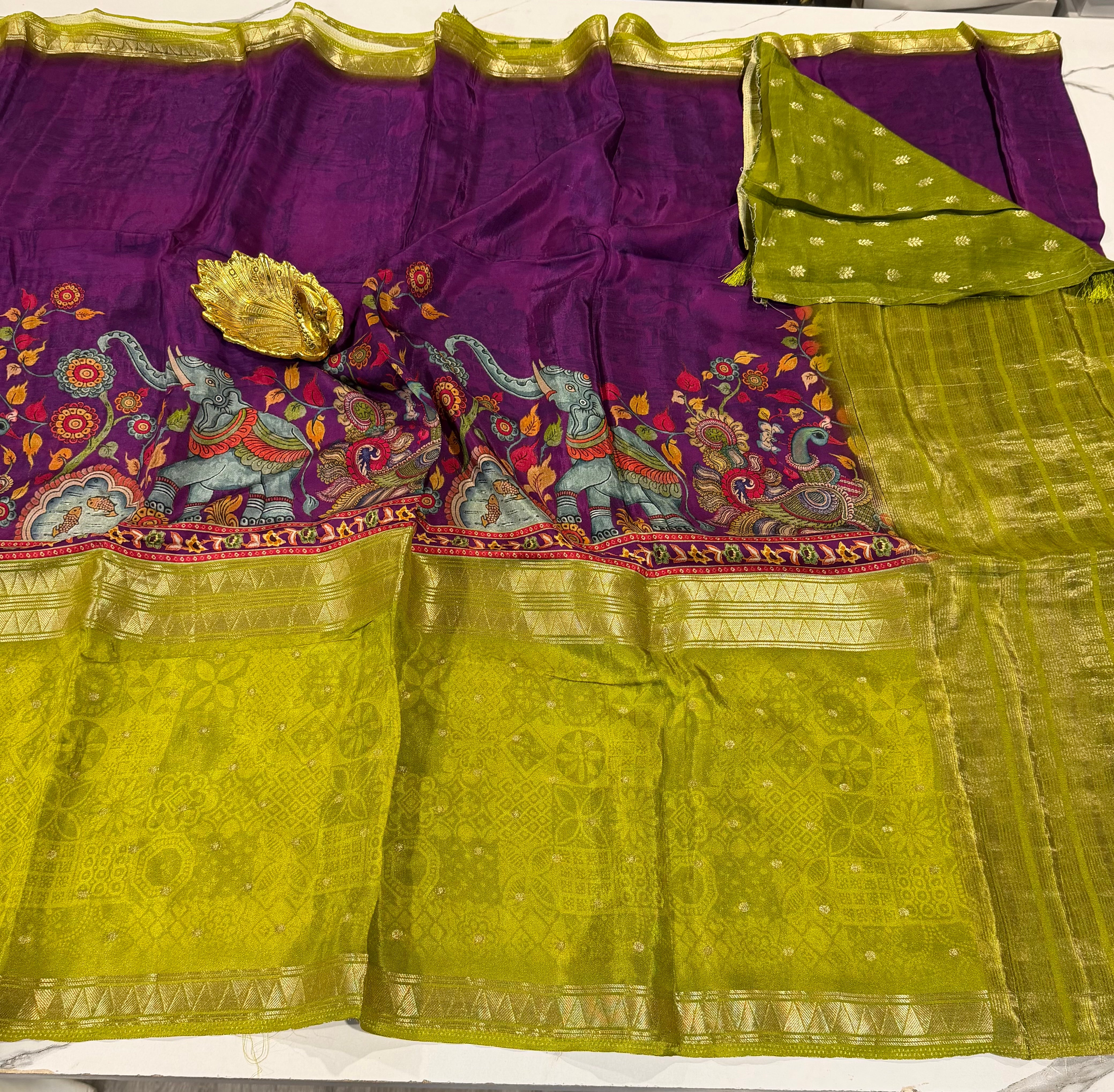 MC3299- purple & green  - Mysore crepe semi - story telling concept