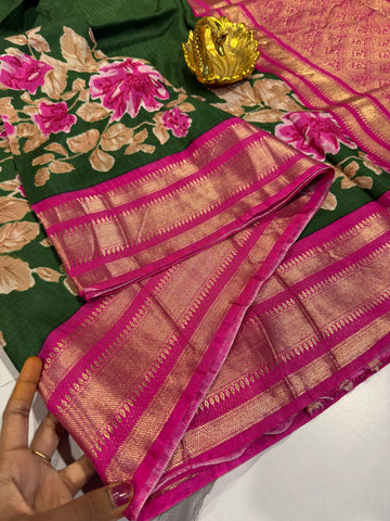 LD-M2650 green n pink borders mysore crepe saree