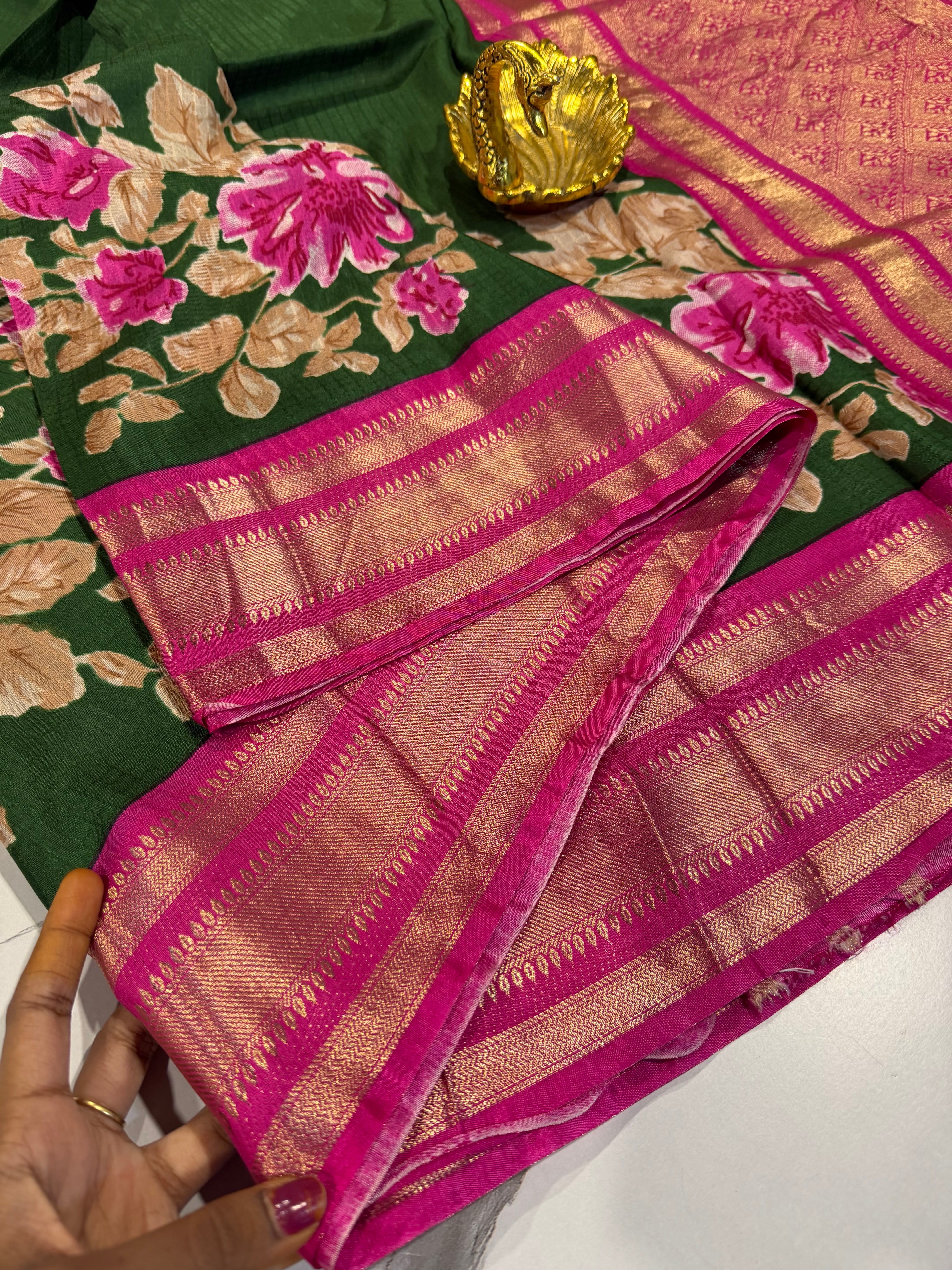 LD-M2650 green n pink borders mysore crepe saree