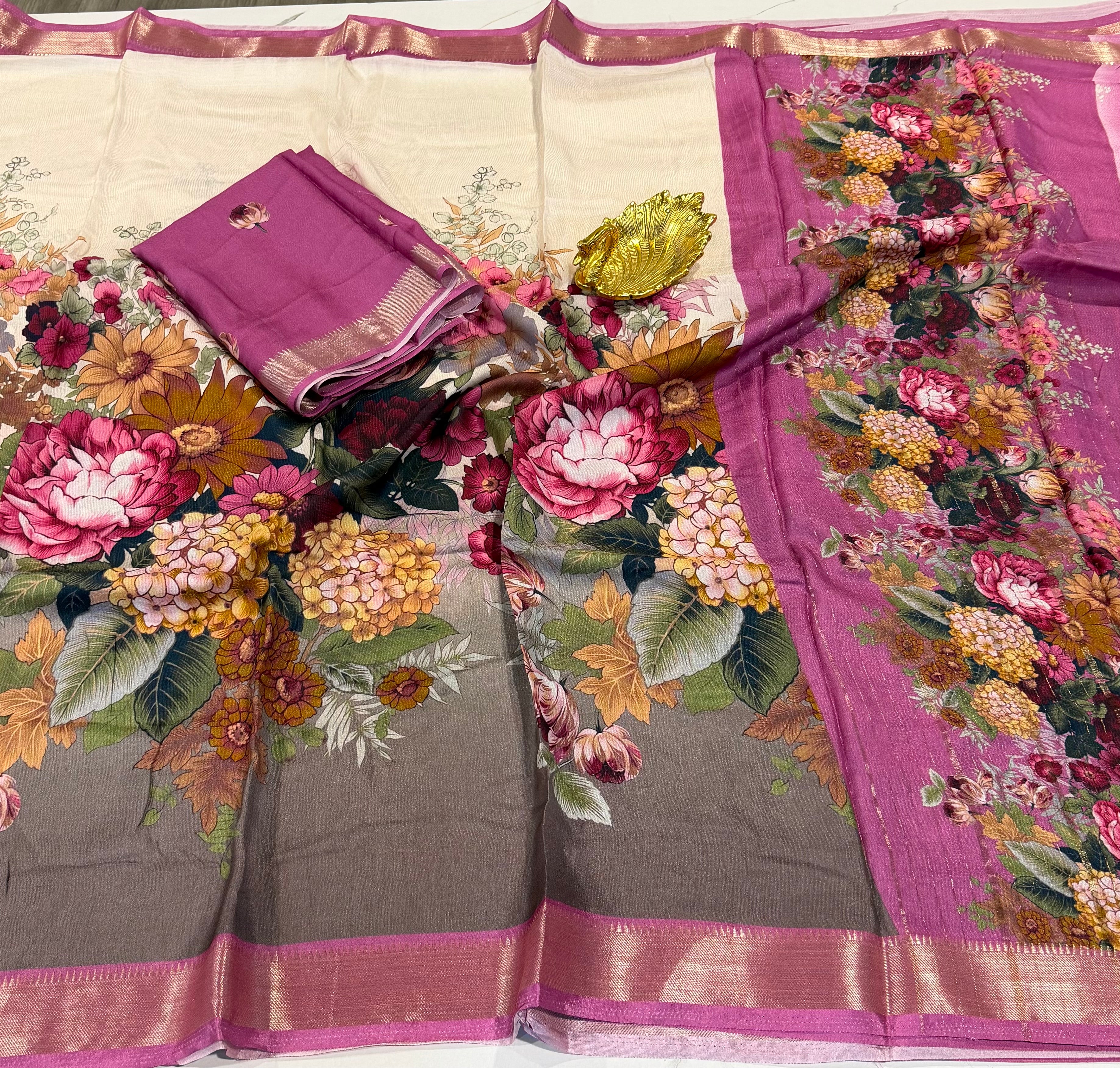 C55 white n Mavue pink fancy crepe saree