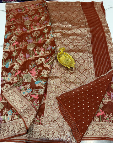 GS-5400 Brown colour Premium banaras kadi Georgette saree