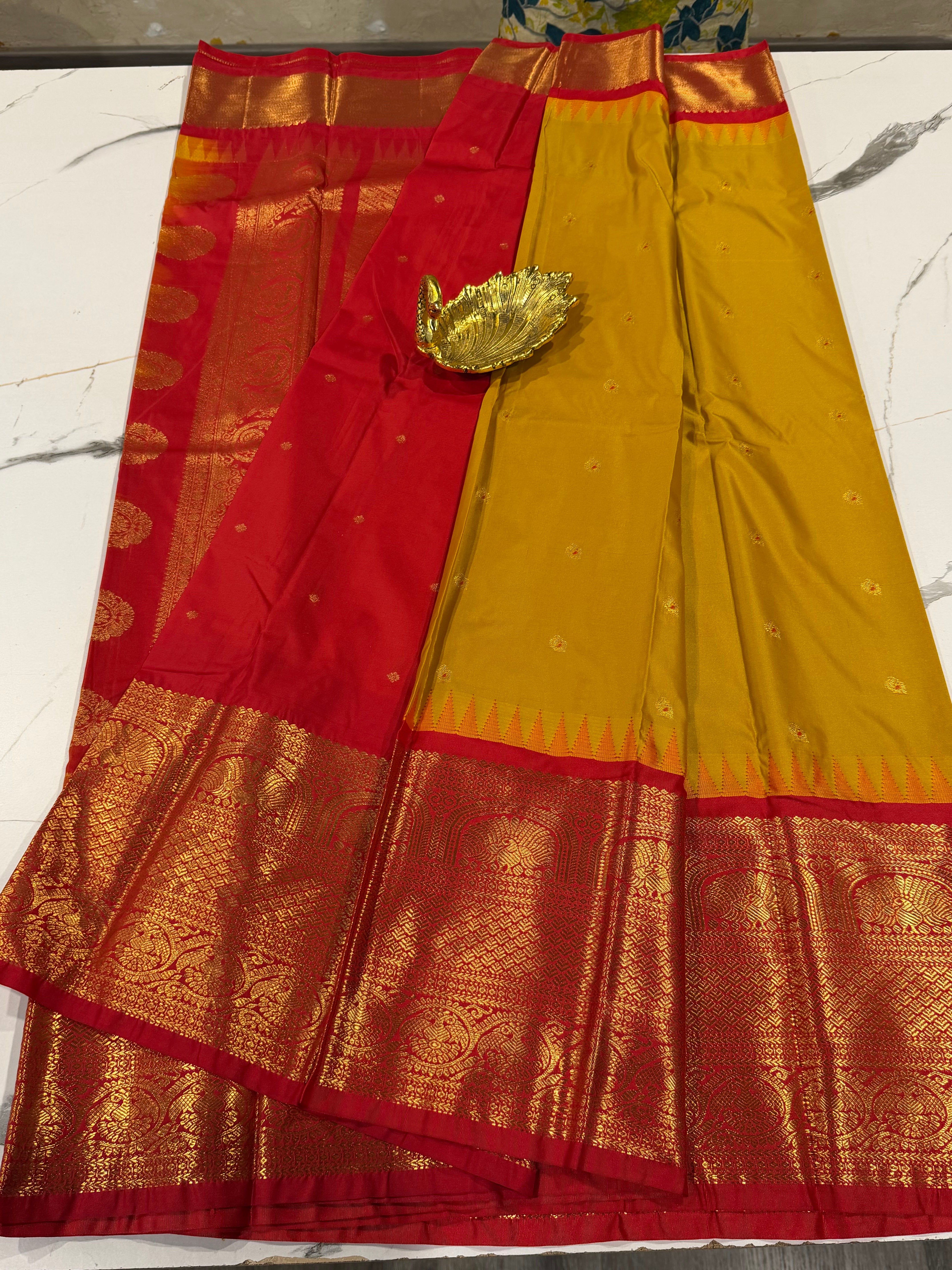 VG2 semi Gadwal mustard yellow and red border saree