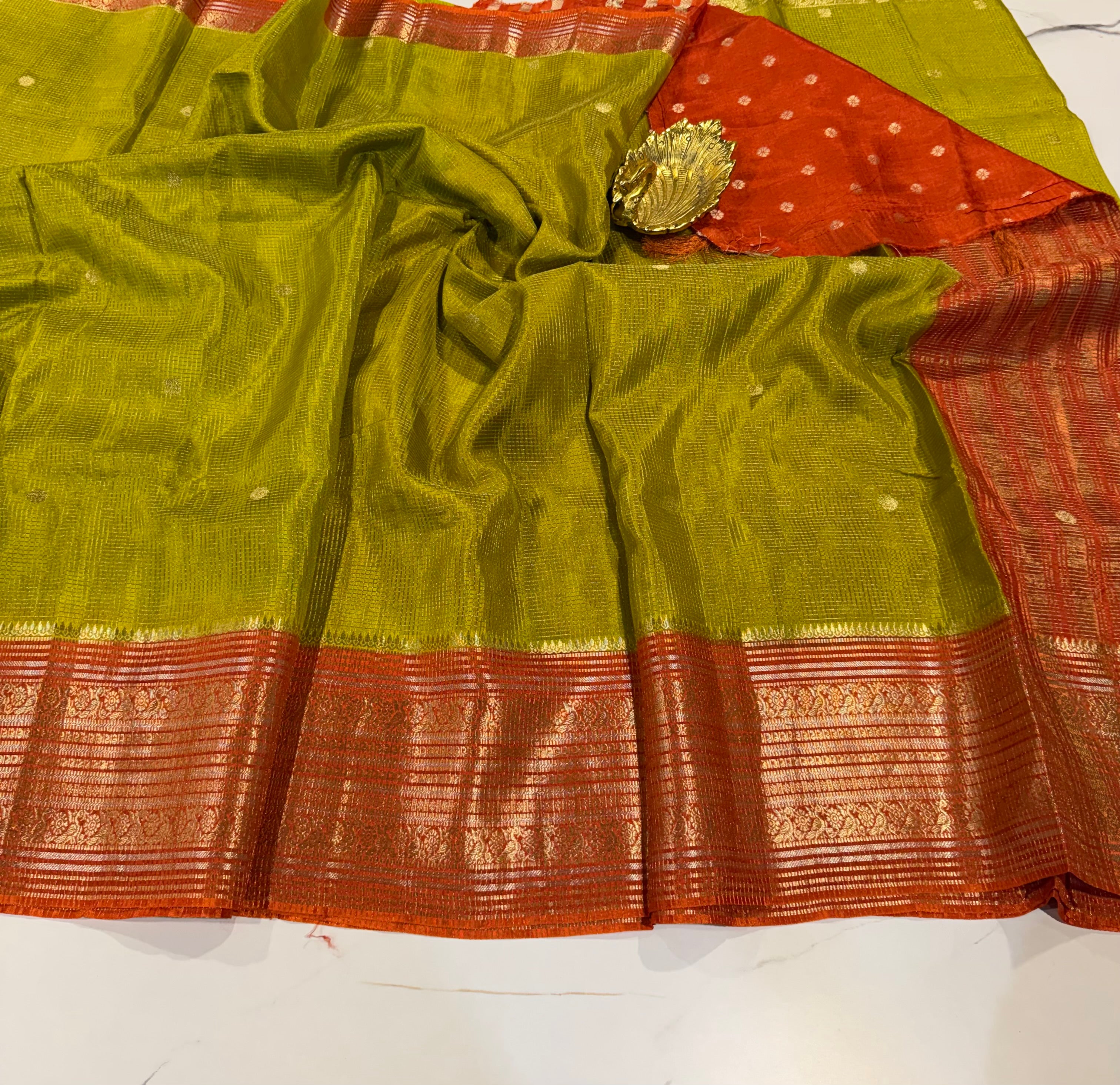 VKC2149BB- Pesara green n orange Kanchi Brdr saree