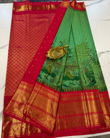 SGK-2997 green n Red gadwal Kalamkari saree