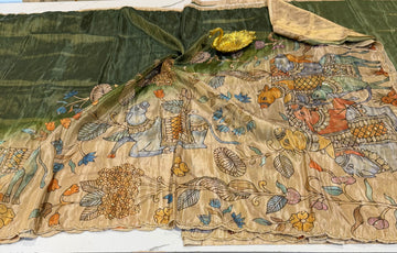 LD-T24 fancy 1gm tissue Kalamkari maggam work style saree green colour saree