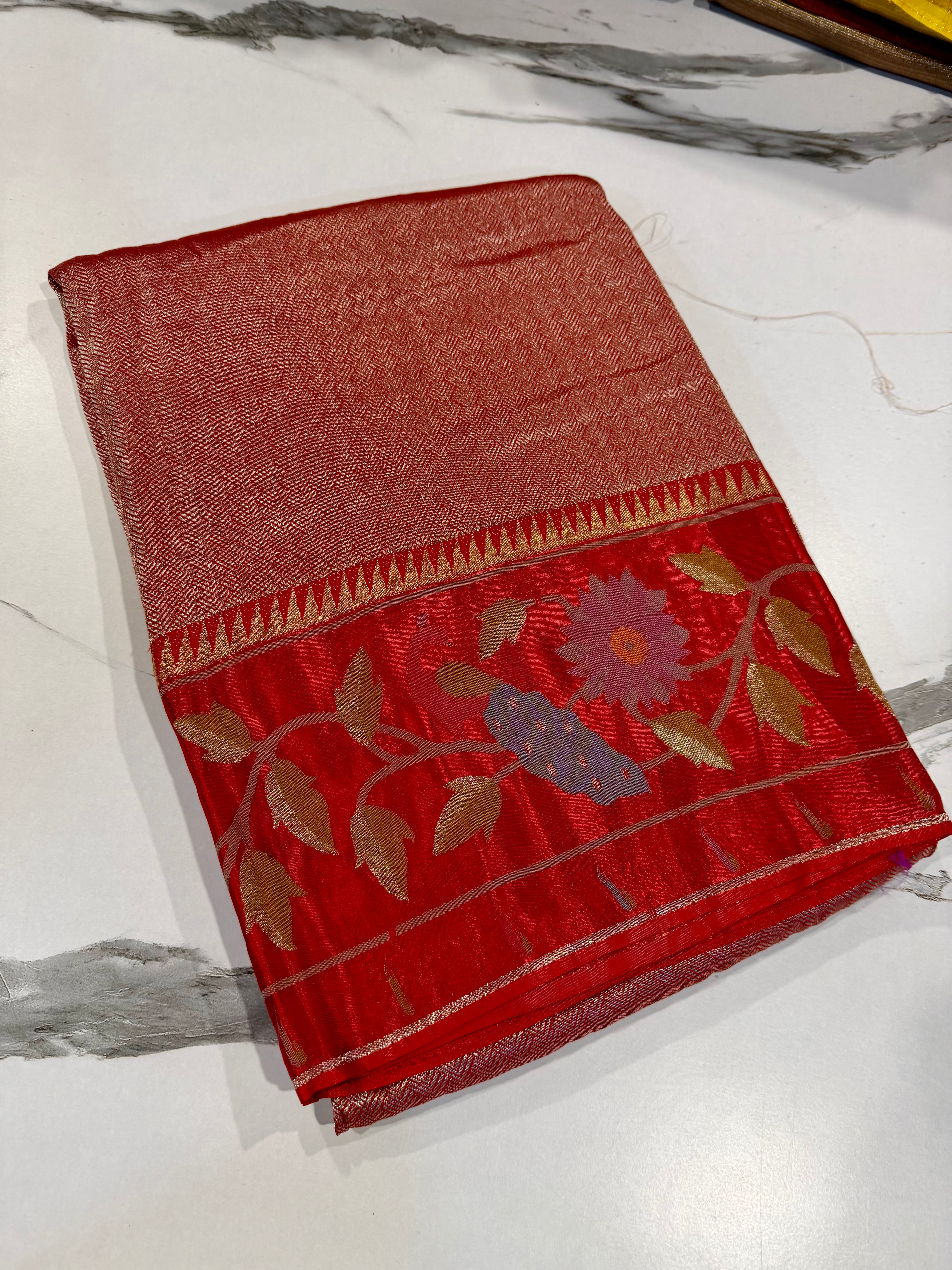 KT-53 Red colour kanchi tissue paithani borders saree