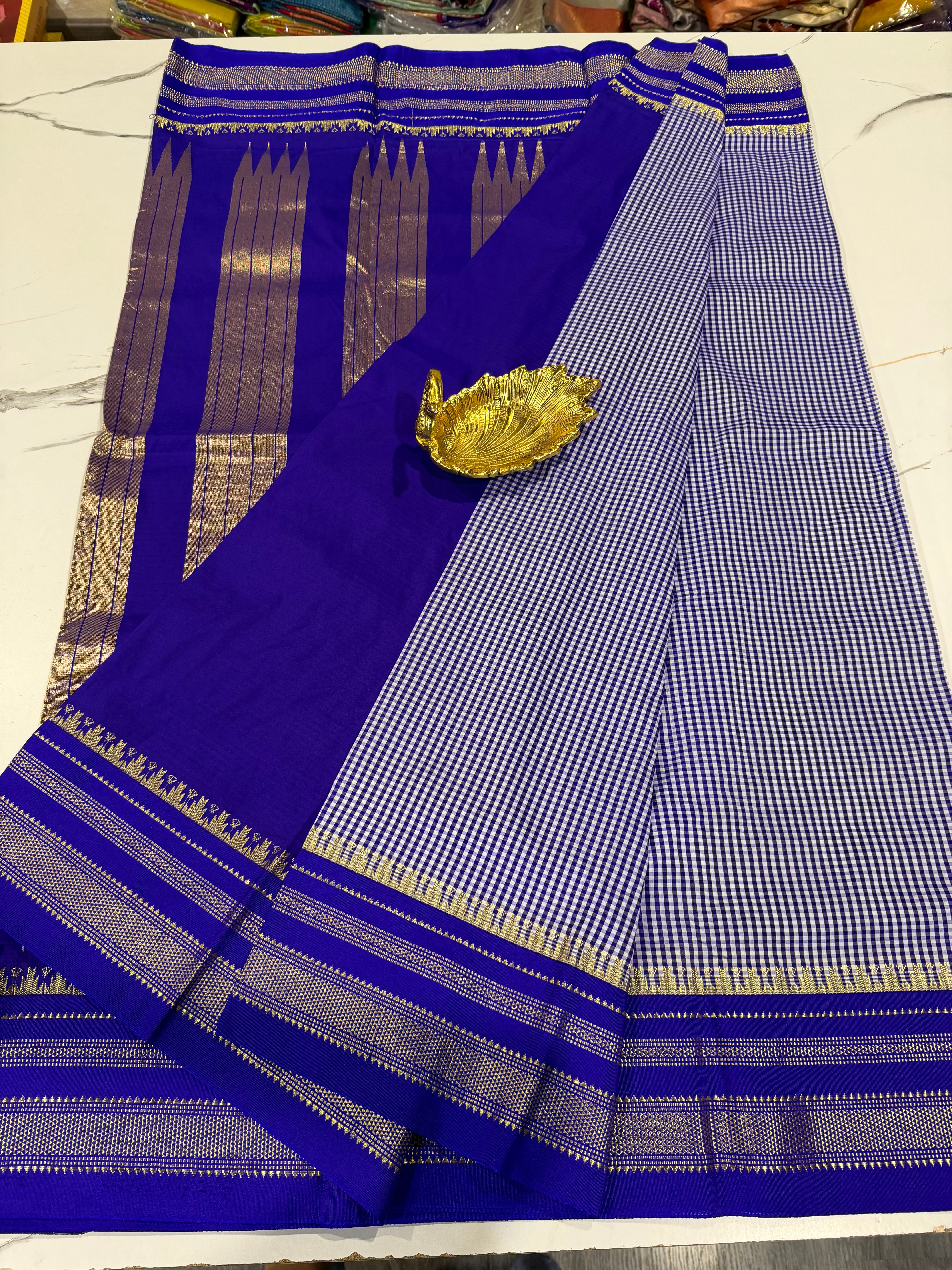 LD-N22 narayanape blue n white checks and blue border saree