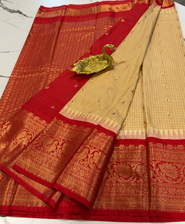 VG2 cream & Red semi Gadwal saree