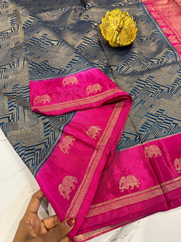 KW-2549 navy blue n pink border saree Kanchi green mango