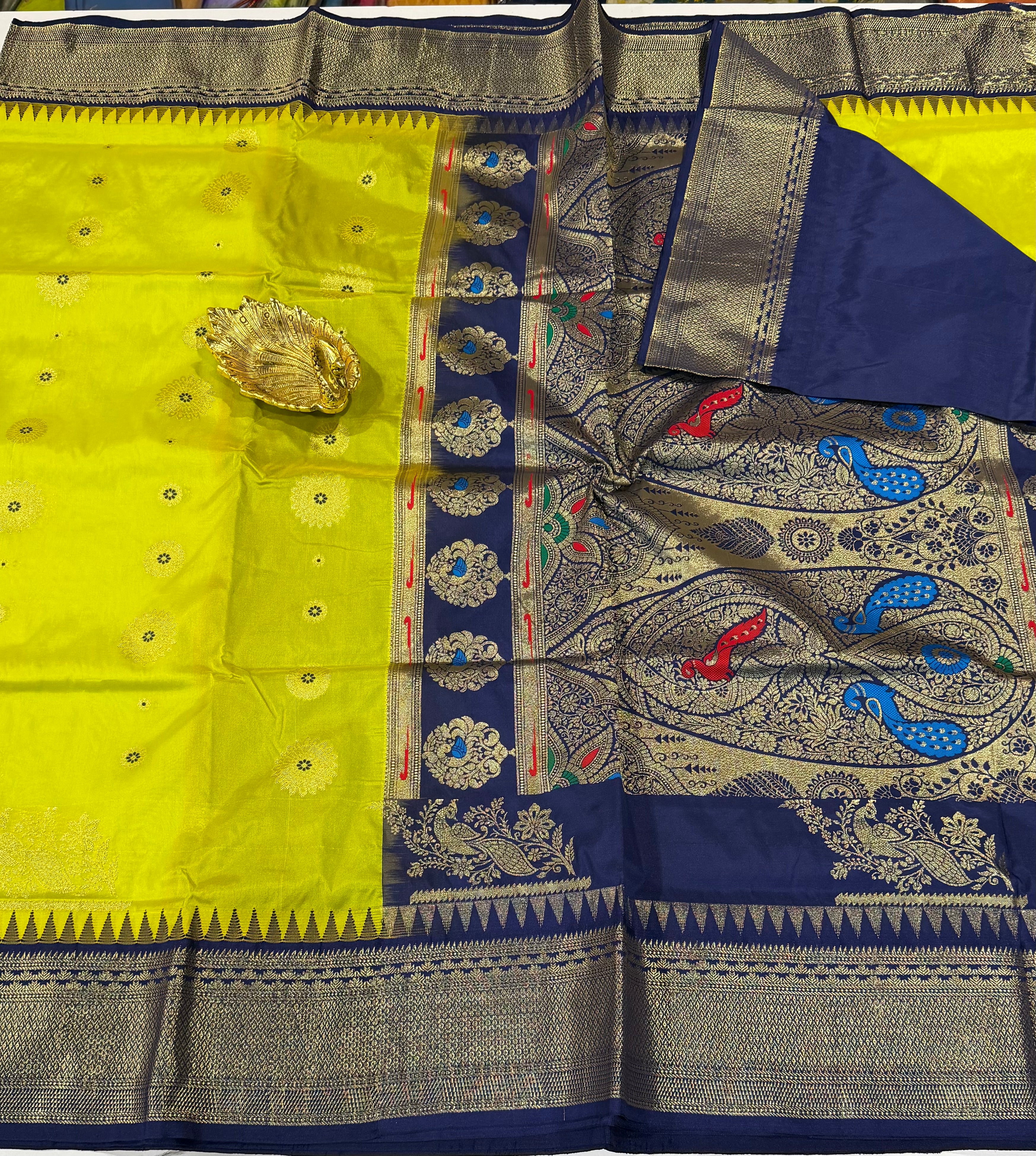 SN-35 Semi narayanpet pesara green and navy blue border saree