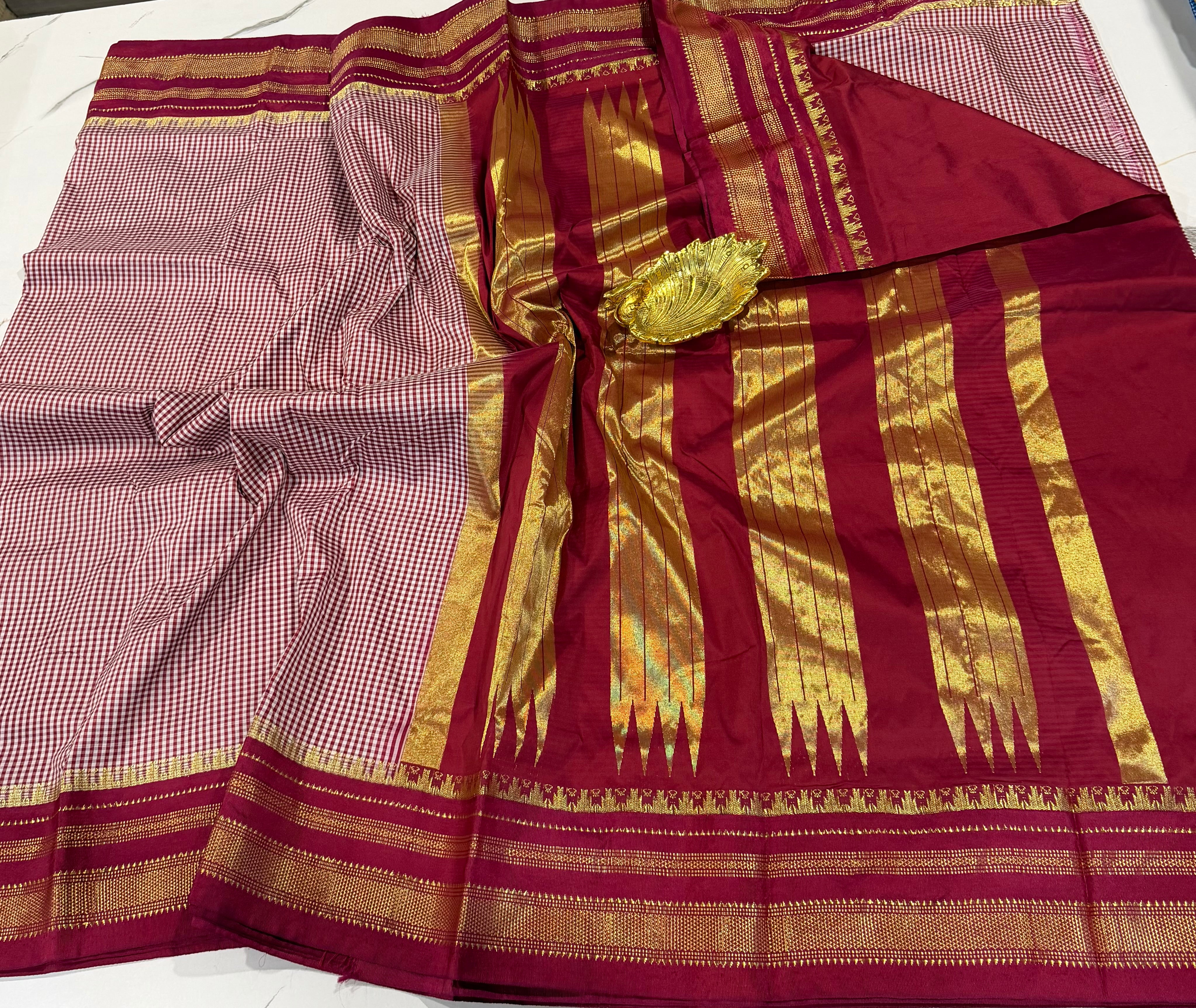 LD-N22 narayanapeta semi checks saree maroon and maroon border saree