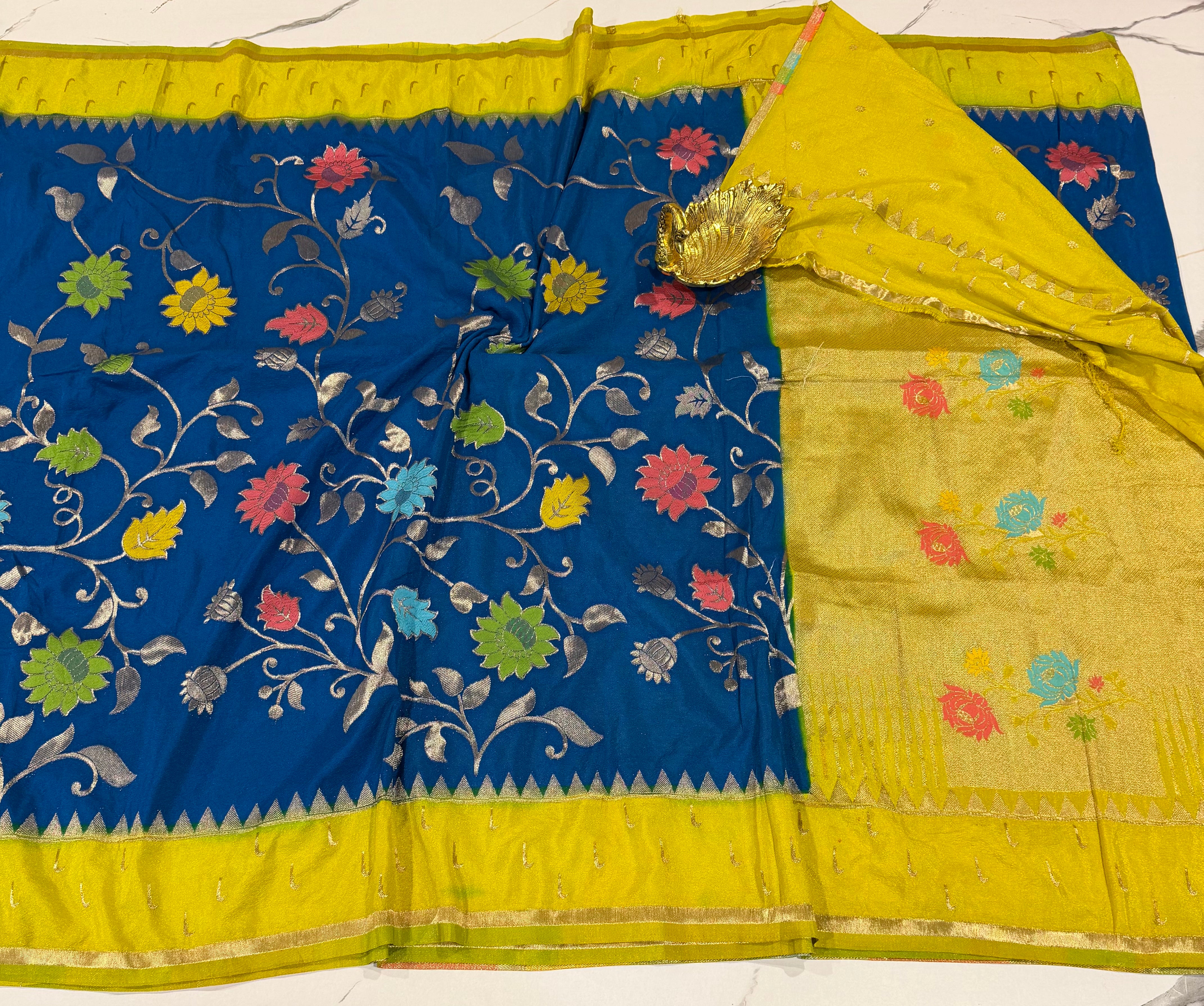SMJ-1899 royal blue and lemon yellow border semi Georgette jamdani saree