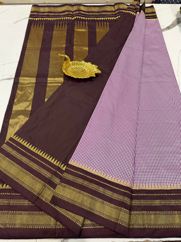 LD-N22 narayanapet purple n white checks and brown border saree