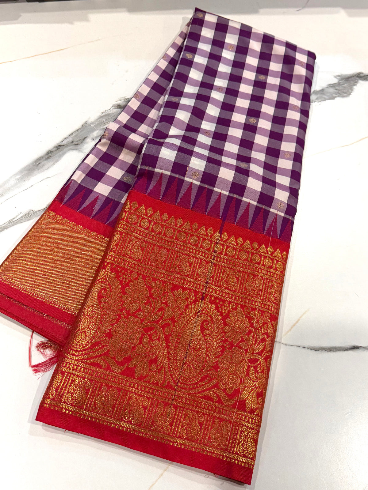 SGC-2500 Madras checks gadwal purple and Red border saree