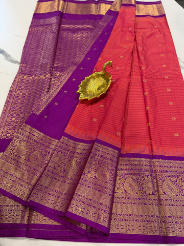 VG2 peachishpink & purple semi Gadwal saree