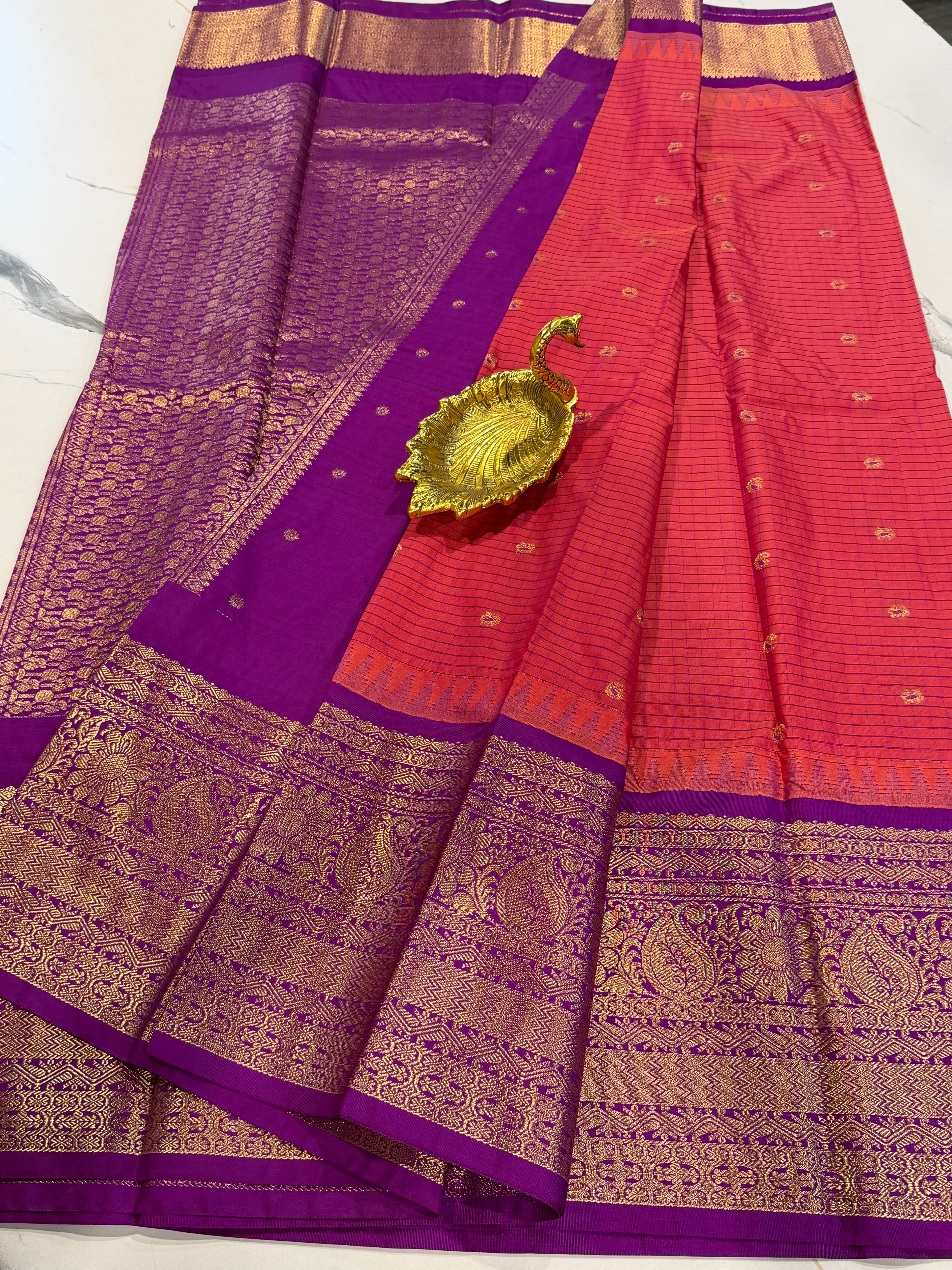 VG2 peachishpink & purple semi Gadwal saree