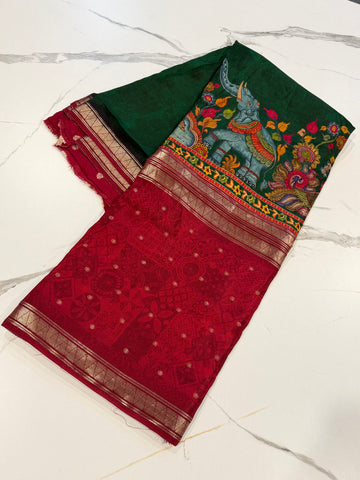 MC3299-Green n Maroon Mysore crepe semi story telling concept saree
