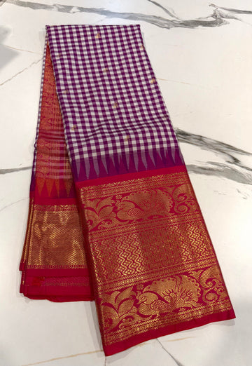 SGC-2500 Madras checks gadwal purple n pink border saree