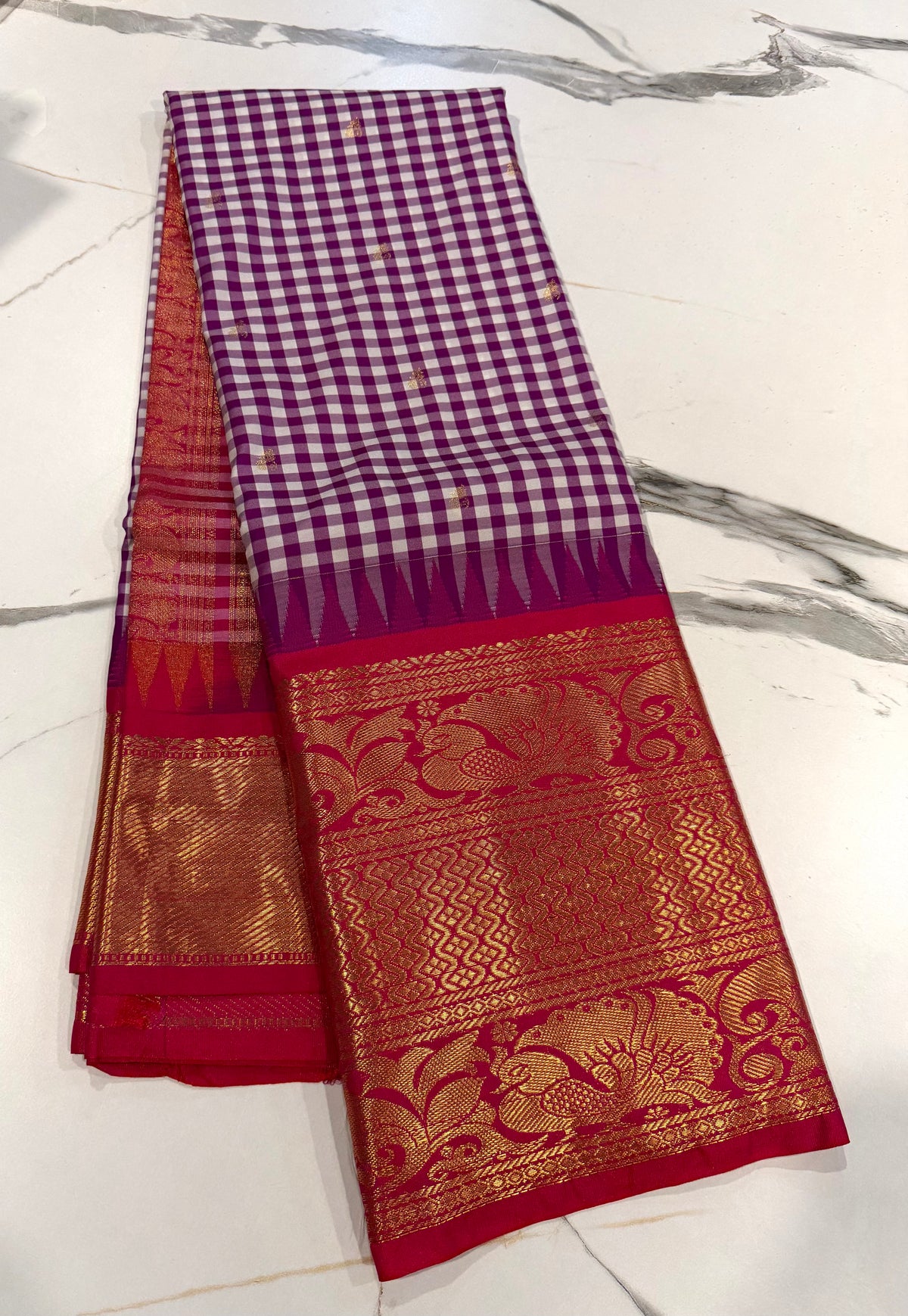 SGC-2500 Madras checks gadwal purple n pink border saree