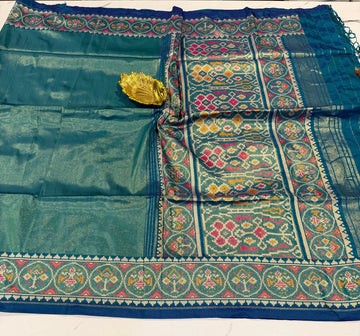 P6 tissue Patola sarees peacock blue colour saree