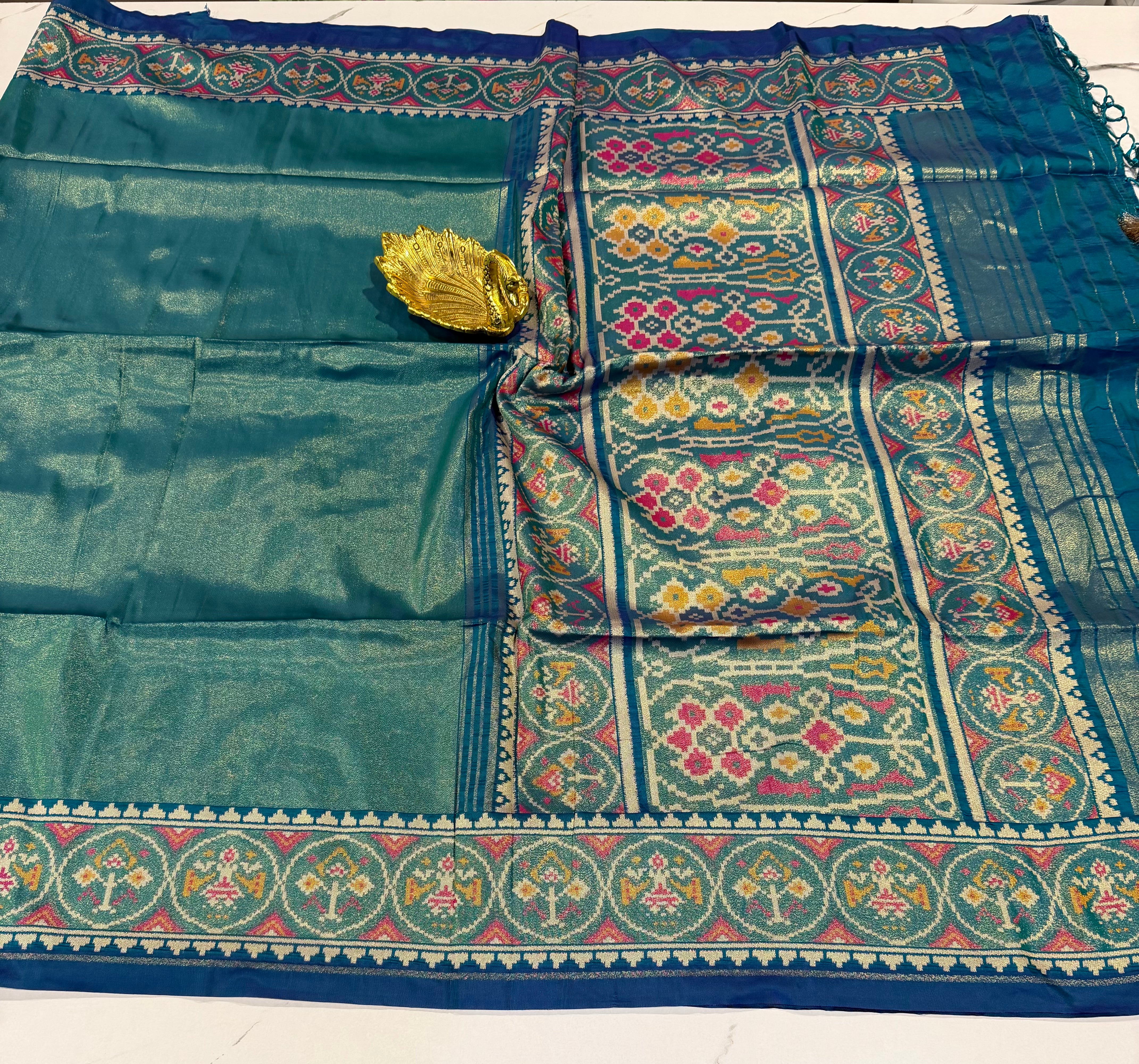 P6 tissue Patola sarees peacock blue colour saree