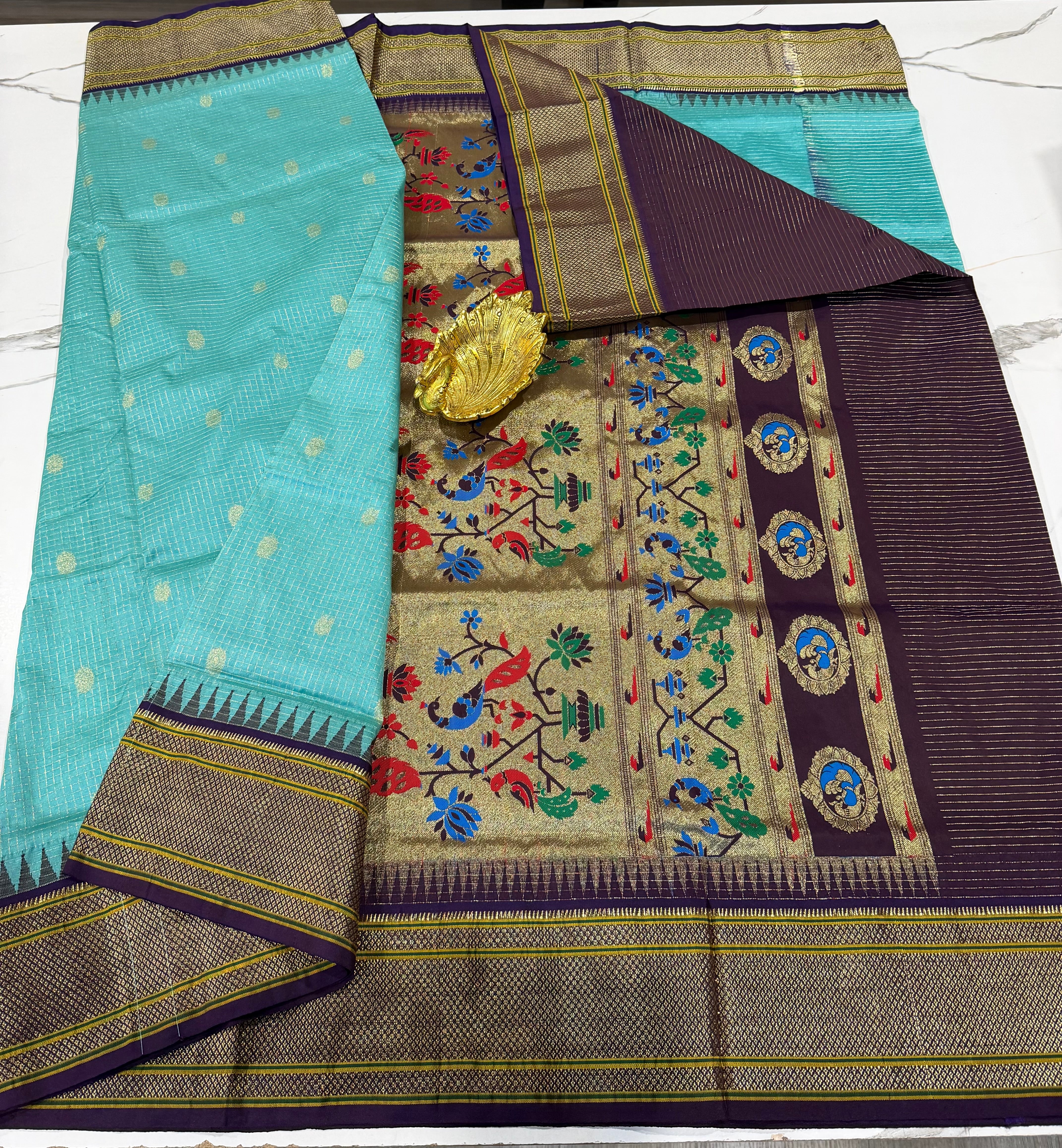 LD-NG25 sky blue and brinjal border saree