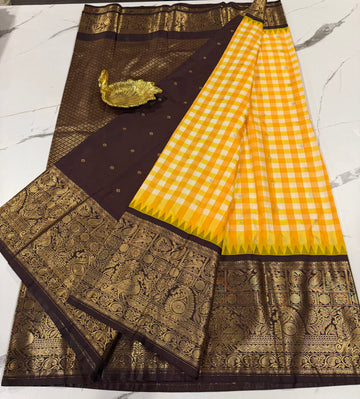 SGC-2800 semi Gadwal checks yellow and brown border saree