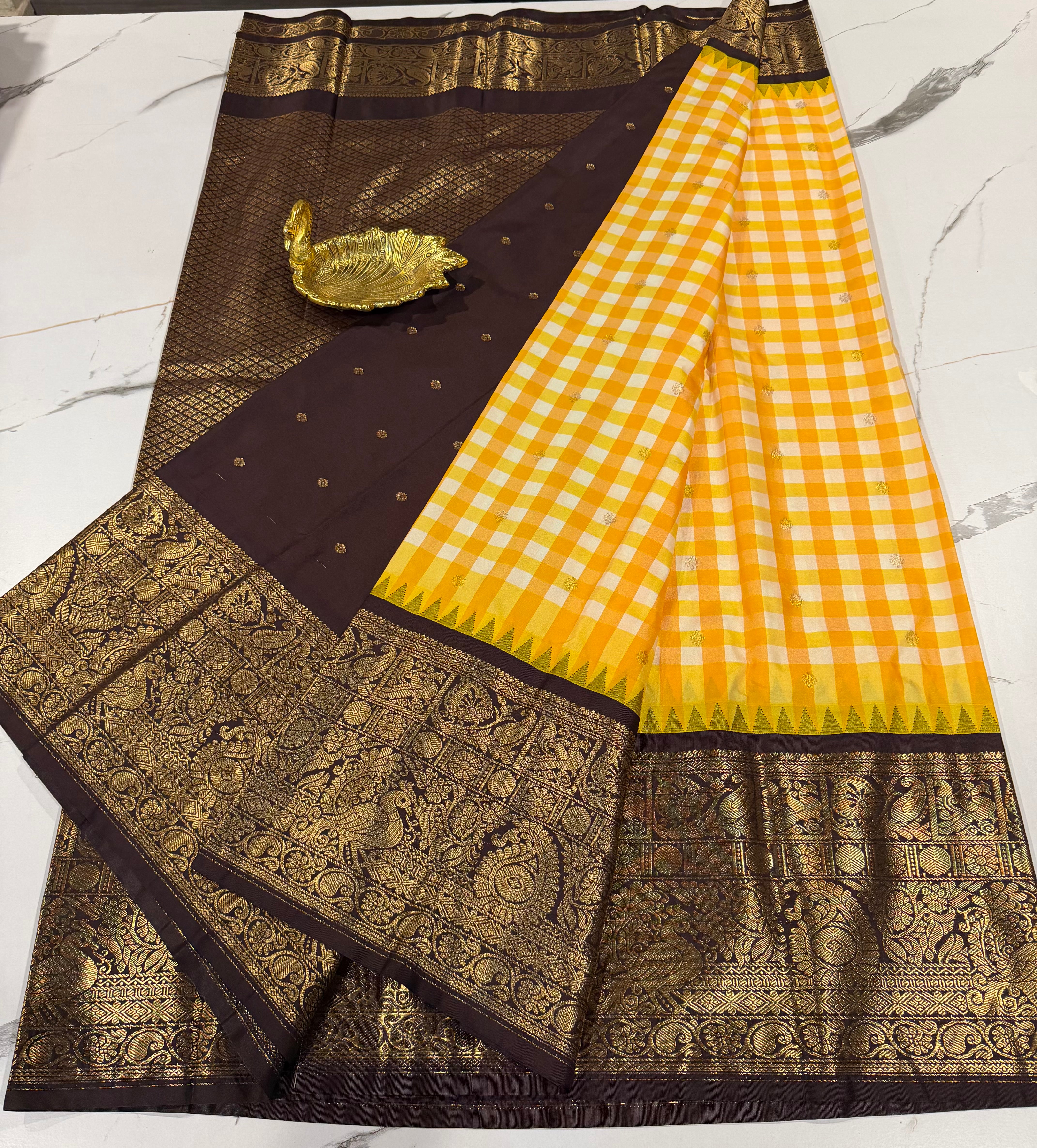 SGC-2800 semi Gadwal checks yellow and brown border saree