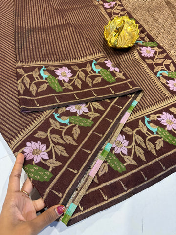 Gv-1950 Brown Banaras green mango saree