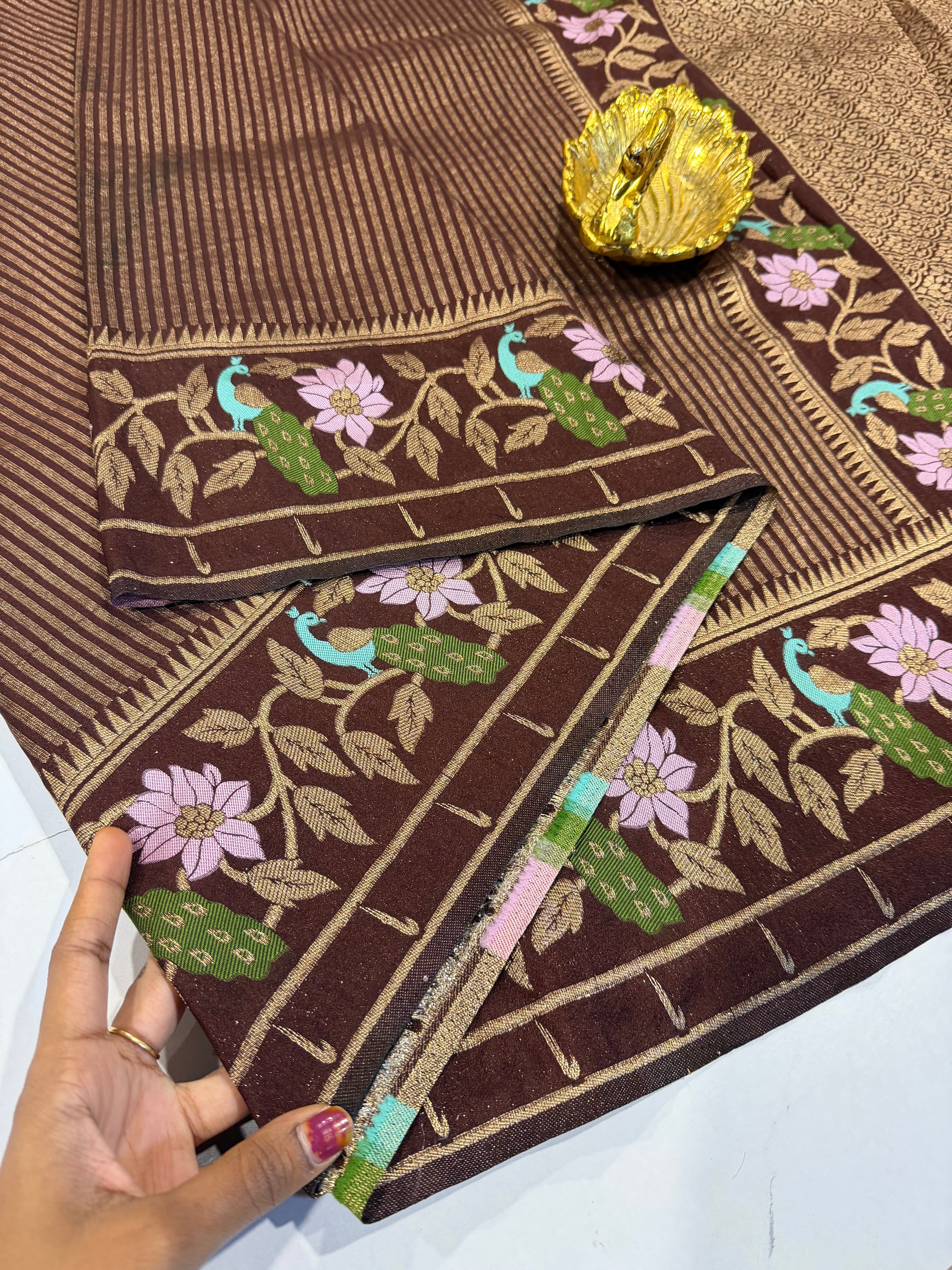 Gv-1950 Brown Banaras green mango saree