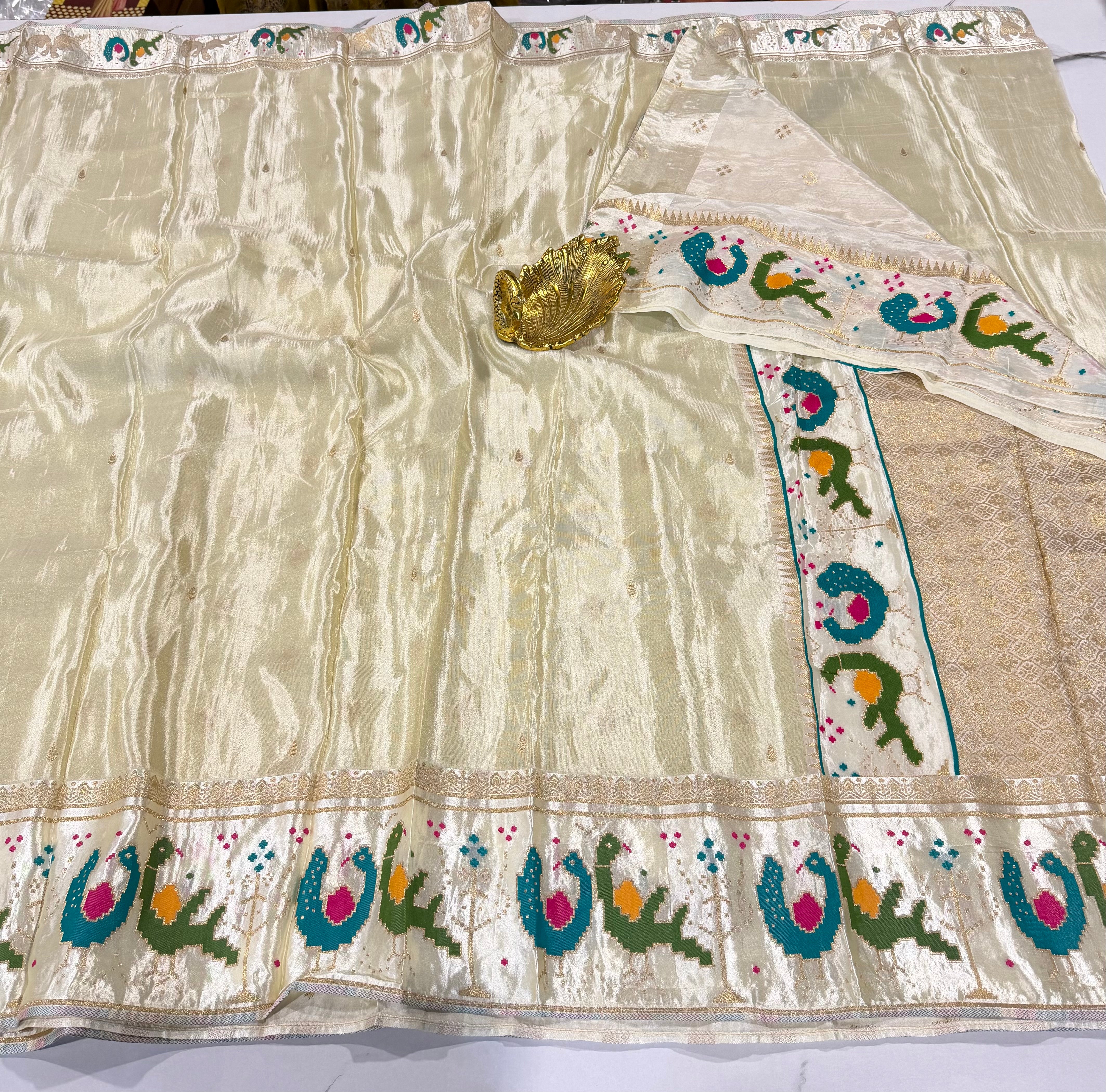 T-2998 cream banaras tissue Mashru borders saree