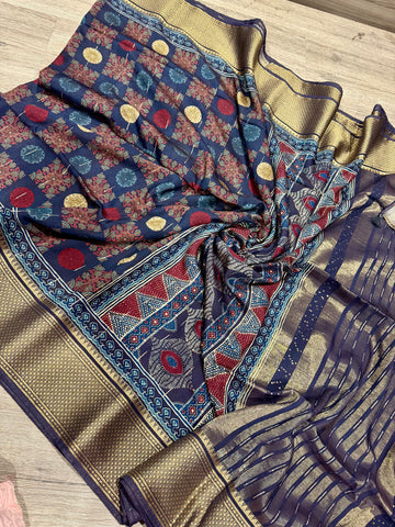 Mc2499 navi blue Saree Ajrak Mull cotton