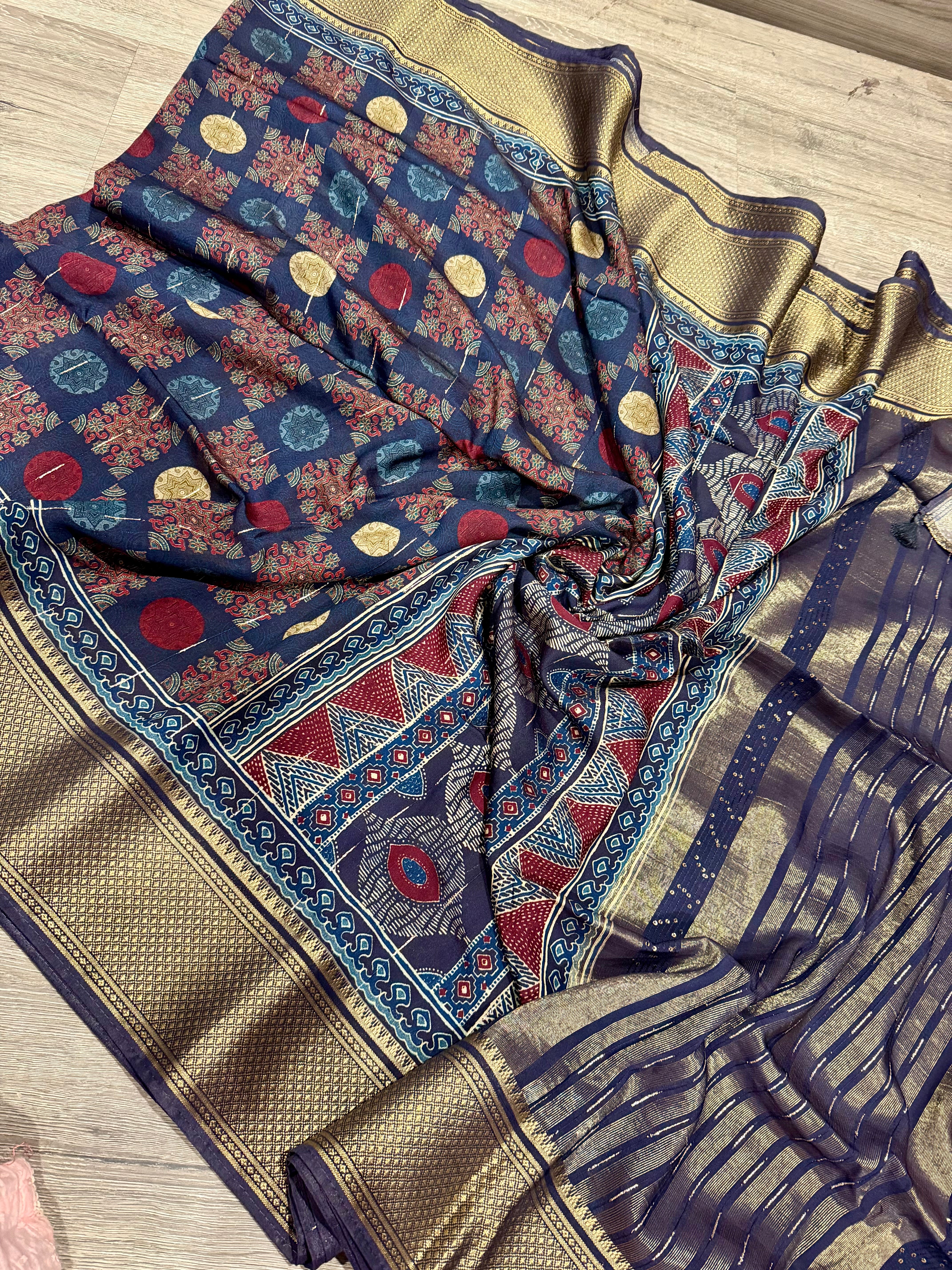 Mc2499 navi blue Saree Ajrak Mull cotton