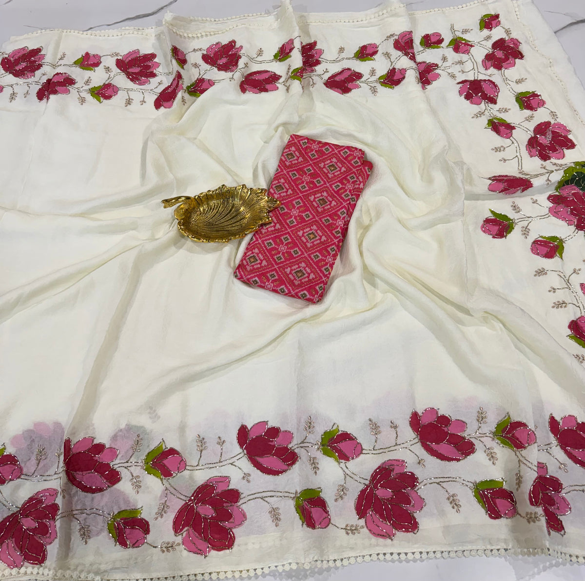 Me-2050 cream wrinkle crepe maggam work saree