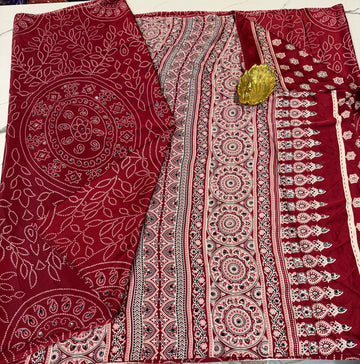 AM-950 Maroon Ajrak mirrors saree